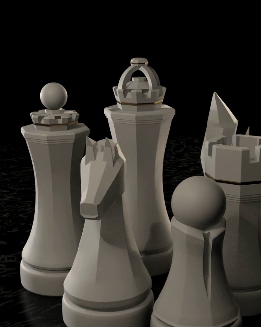 Die Figuren des Rook & Cube Schachsets: Dame, König, Springer, Turm und Bauer in Elfenbein vor schwarzem Hintergrund